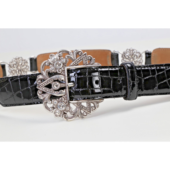 Vintage Brighton Black Croc Embossed Leather Belt Silver Crystal Buckle Size 38 main image 8
